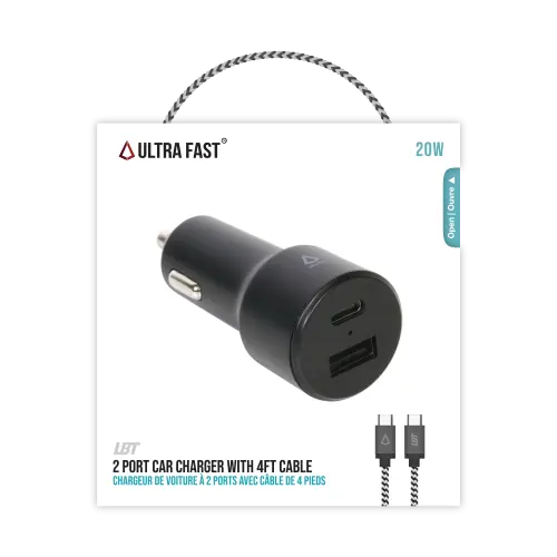 LBT Ultra Fast 20W Dual-port Car Charger + 4 foot USB-C to C Braided Cable