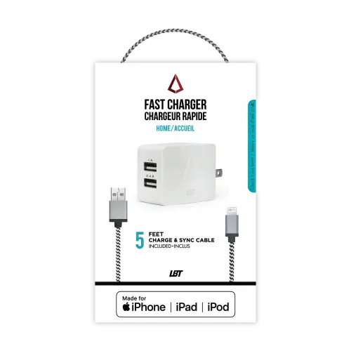 LBT Dual-port 2.4A + 1.0A Wall Charger with MFi-approved Premium Lightning Cable